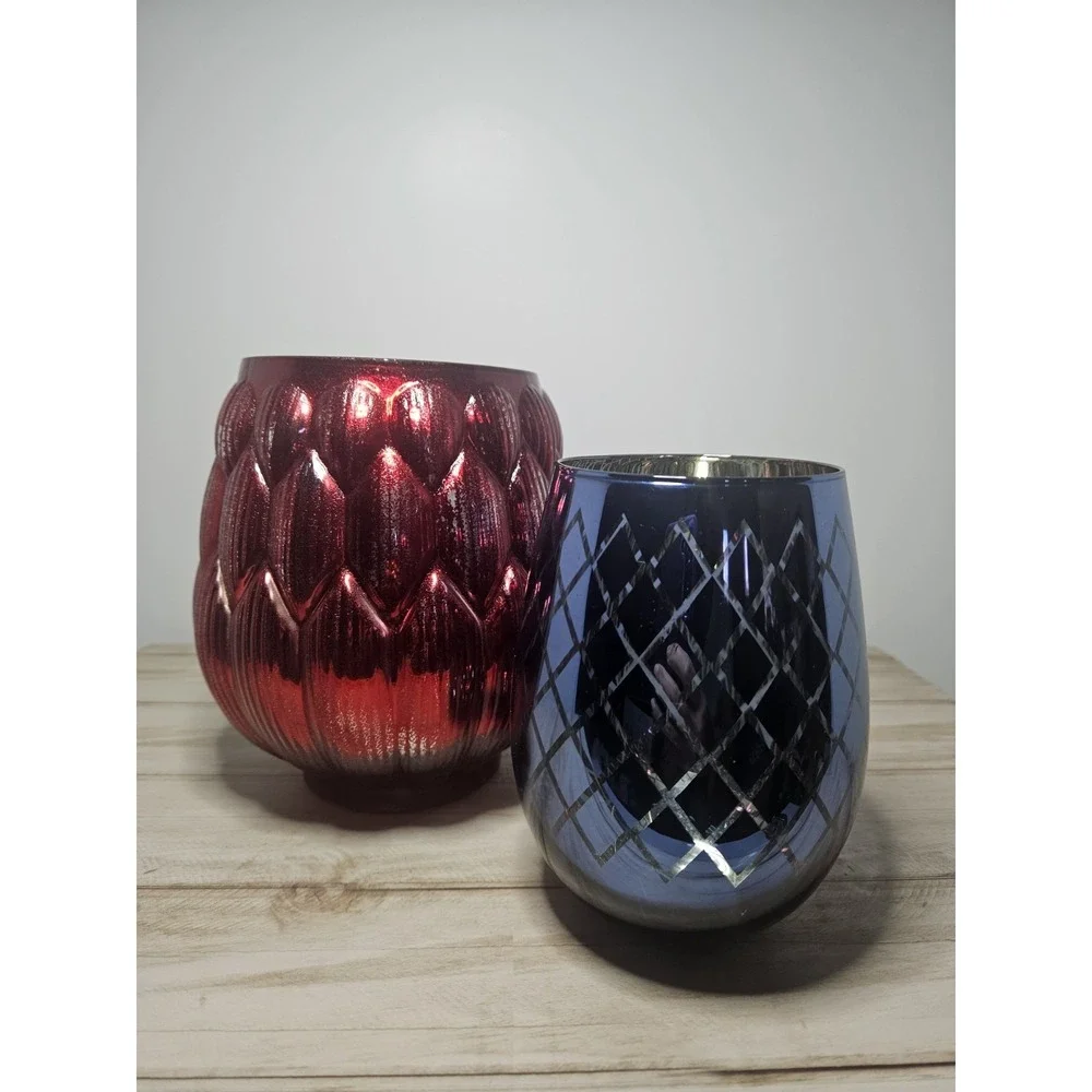 Metallic Glass Candle Holder Set Red Artichoke Blue Trellis Christmas Decor